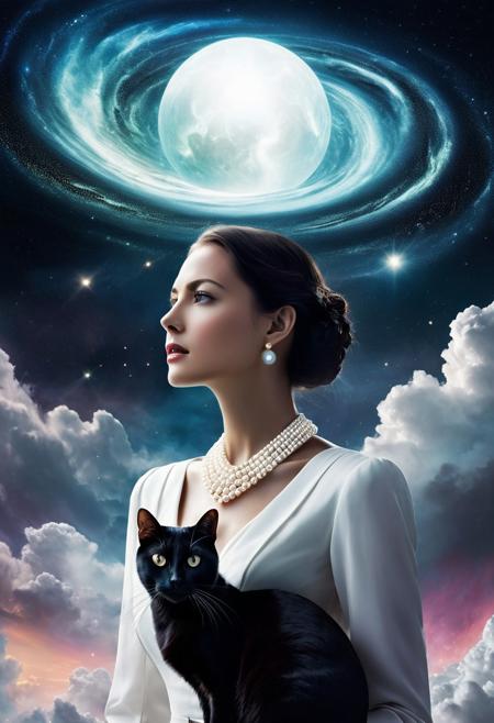 A woman stands in a surreal landscape, 
a swirling galaxy replacing her head, 
a cloud-like structure raining down on her. She holds a black cat close, 
its eyes glowing with an otherworldly light. The woman's expression is serene, 
her gaze fixed on something beyond the viewer's sight. The scene is bathed in a soft, 
ethereal light, 
creating a sense of mystery and wonder. The woman's white collar and pearl necklace add a touch of elegance to the otherwise otherworldly scene. The image is a captivating blend of fantasy and reality, 
suggesting a deep connection between the woman and the cosmos. The overall composition is evocative and dreamlike, 
inviting the viewer to ponder the secrets hidden within the woman's soul.