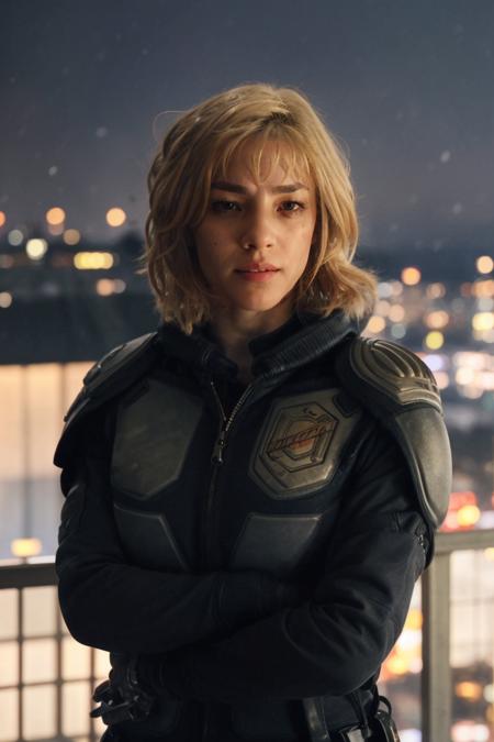 headshot, a woman in a suit posing at the balcony at night, snowy, city skylines, soft colors, bokeh, masterpiece, high quality, (high detailed skin:1.1)
 <lora:cassandra_anderson_dredd_lora_v01:0.85> and3r5on