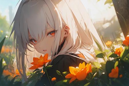 ((masterpiece)),(8k cg wallpaper),best quality,beautiful detailed, ultra-detailed,
1girl, solo, orange eyes, looking at viewer, long hair, white hair,black hair, gradient hair, flower, blurry, orange flower,bangs,parted lips, depth of field,
<lora:niji_3w_1ep:1.2>