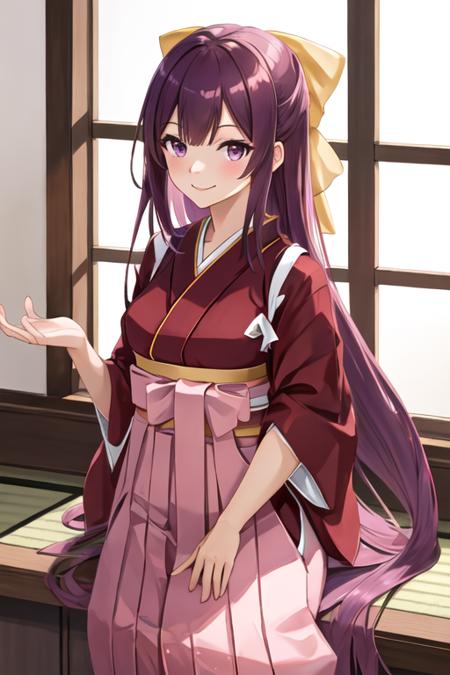 best quality, masterpiece, highres, solo, {kamikaze_kantaicollection:1.15}, long_hair, purple_hair, bow, hair_bow, purple_eyes, yellow_bow, hakama, pink_hakama, smile, tasuki