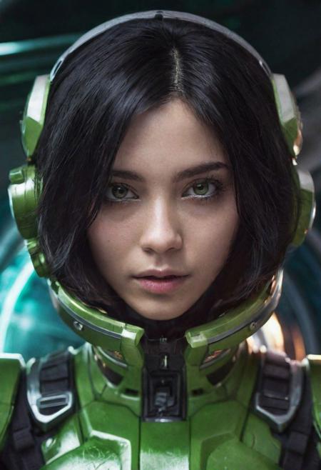 photo of a black hair woman, in space, futuristic space suit, (freckles:0.8) cute face, sci-fi, dystopian, detailed eyes, green eyes, 16k