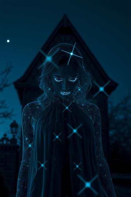 BREATHTAKING double exposure image featuring a translucent see-through apparition FORMED FROM DELICATE Grayish BLUE dark gray light sparkles taking the rough fuzzy form of a young woman with blond hair and with beautiful figure, at night, INSIDE an old Victorian haunted house late at night with DARK skies and shining stars, the woman's apparition silhouette is blended as a double exposure photograph, HYPER-MAXIMALIST, photorealism, cinematic horror, unreal engine, 8k, surreal rendition, EROTIC and MESMERIZING AND terrifying