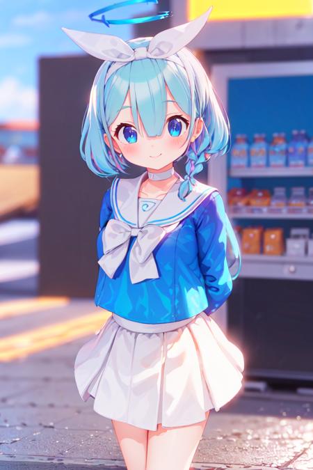 Arona,1girl,solo,shoes,white footwear,braid,blue shirt,serafuku,long sleeves,white sailor collar,hairband,white choker,bangs,smile,closed mouth,single braid,white half skirt,bow hairband,<lora:Arona_åç½å¨:0.8>,cityscape,street,vending_machine,Skyscraper,arms behind back,, (masterpiece), (best quality), HDR, intricate detail,