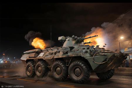 black eight wheeler (BTR-80, <lora:btr80:1>), racing down a neon city avenue at night,  shooting, buildings on fire, outrun, explosions in the background, High Detail, Sharp focus, ((photorealism)), realistic, best quality, 8k, award winning, dramatic lighting, epic, cinematic, masterpiece, dutch angle, ambient fog:1.5, volumetric lights,