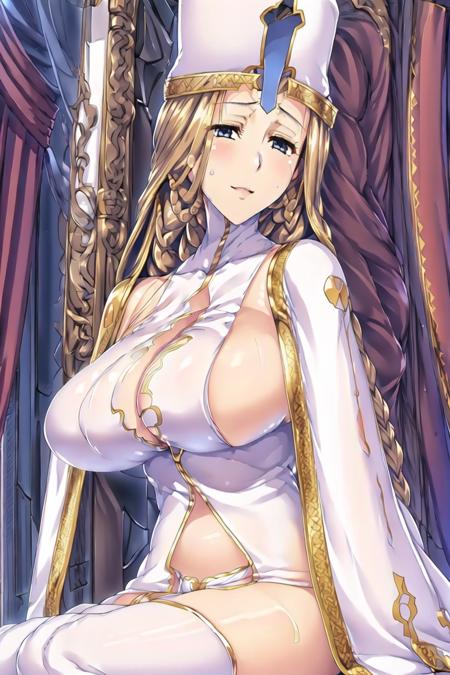 (Night:1.7), Castle,in the dark castle,Sitting at attention,(Upper_body:1.3),(close-up),(Focus on Face),
<lora:Sophie_Isekai_Harem-KK77-V2:0.3>,Sitting in a gold and red Throne,hands down,
a white hat with a blue arrow on her head, a blue and gold crown on her head,
white dress,white and gold cape,cleavage, clothing cutout, white legwear, white leotard,thighhighs,white and gold underwear,
<lora:Eleonora_Bern_Kuroinu2-KK77-V3:0.7>,<lora:Eleonora_Bern_Kuroinu2-KK77-V2:0.3>,<lora:Eleonora_Bern_Kuroinu2-KK77-V1:0.2>,jewelry,earrings,
(Brown_hair:1.4), long_hair, blue_eyes,Bangs,(braid:1.3),
1 girl,Solo, 27yo,mature female,Beautiful Finger,Beautiful long legs,Beautiful body,Beautiful Nose,Beautiful character design, perfect eyes, perfect face,
looking at viewer,
official art,extremely detailed CG unity 8k wallpaper, perfect lighting,Colorful, Bright_Front_face_Lighting,
(masterpiece:1.0),(best_quality:1.0), ultra high res,4K,ultra-detailed,
photography, 8K, HDR, highres, absurdres:1.2, Kodak portra 400, film grain, blurry background, bokeh:1.2, lens flare, (vibrant_color:1.2)
(Beautiful,large_Breasts:1.4), (beautiful_face:1.5),(narrow_waist),