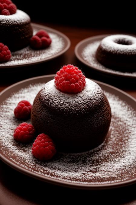 "Ultra-realistic close-up of a gourmet chocolate lava cake on a matte ceramic plate, molten chocolate flowing out, topped with raspberries and powdered sugar, soft moody lighting, shallow depth of field, food magazine style, DSLR photo quality, 85mm lens"