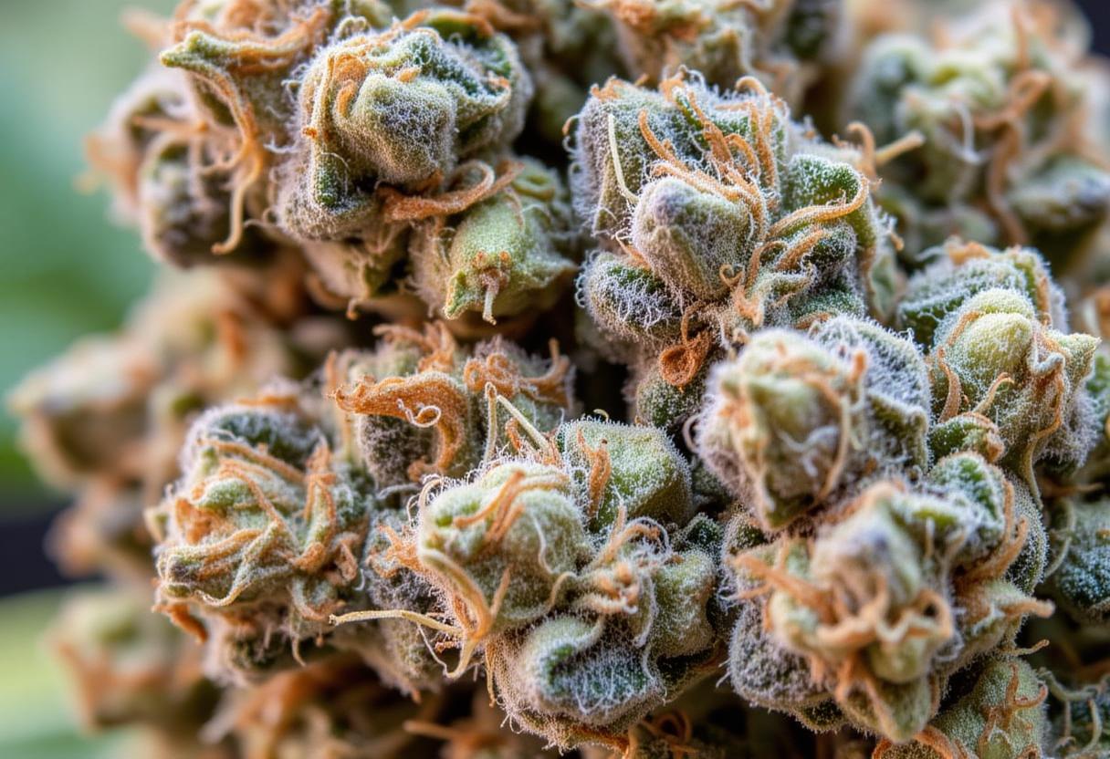 Highly detailed macroscopic photograph of cannabis flower clusters, showcasing abundant trichome density and a rich, deep green coloration. The image presents a tightly-packed arrangement of large, bulbous buds with visible pistils and a frosted appearance due to resin accumulation. Focus on textures and intricate details of the cannabis structure.  Include a natural, slightly blurred background suggestive of an indoor cultivation environment.