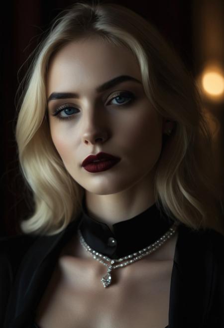 Award-winning, hyper-realistic portrait photograph of a stunning goth woman, meticulously detailed. She has a smooth, well-defined jawline, high cheekbones, and a delicate, slender face. Her deep, expressive blue eyes captivate with lifelike reflections, framed by naturally arched, realistic eyebrows and full, finely detailed lips. Her skin is flawless yet realistic, with visible texture, subtle pores, and a natural glow.
She wears a delicate black bra, tastefully accentuating her figure, revealing her soft, rounded curves. A small, elegant diamond necklace rests just above her collarbone, catching the dim, moody lighting. Her long, slightly curled blonde hair cascades over her shoulders, with soft strands framing her face.
The scene is illuminated by warm, intimate, dim lighting, casting soft shadows and highlights that enhance depth. The rich dark color palette contributes to a cinematic, cozy atmosphere. Shot in high-definition with ultra-fine textures, the image captures the essence of luxury, sensuality, and timeless beauty.
(high-definition, ultra-detailed, soft diffused light, skin textures, cinematic depth, realistic portrait, erotic yet artistic expression, warm intimate ambiance, subtle shadows, professional photography, luxury aesthetic, dark moody tones, delicate contrast, fine details)