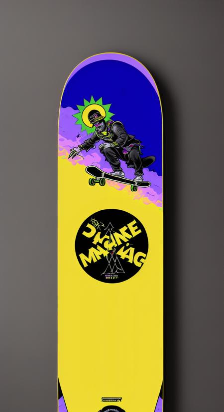 top view mockup of skateboard deck with illustration of (dark mage man punk-rock grunge underground design, colored with purple and yellow and dark_blue :1.2) on it, detailed masterpiece, modern design on black background, macrophotography hyper realistic octane render, hard surface modelling, 8k , clean , sharp focus, CGSociety