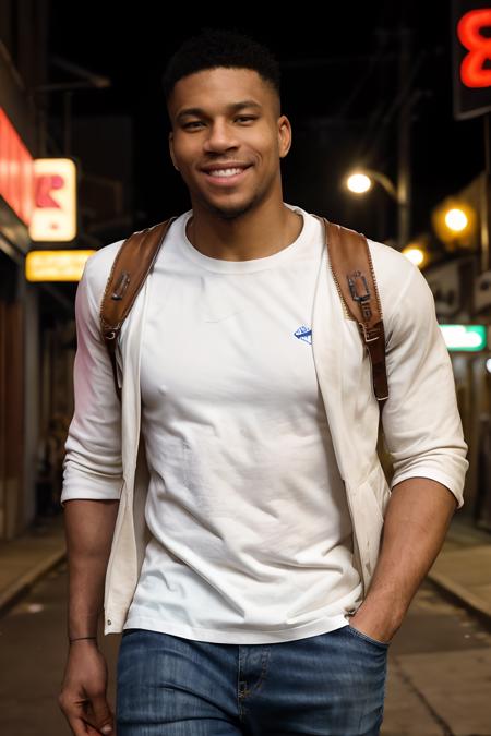 GiannisAntetokounmpo, photo of a man wearing leather jacket and jeans and white t-shirt walking down the street, smile, soft focus, photo by mark henderson, cinematic, natural lighting, muted colors, night, bokeh, face portrait, (extreme close up:1), urban, beard, dynamic pose, muscular, fog, red and blue neon city lights, alley, realistic, masterpiece, intricate details, detailed background, depth of field <lora:GiannisAntetokounmpoLora:1>