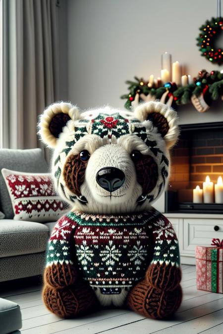 christmassweater, polar bear, (white bear:1.3), livingroom, colorful suit, cinematic, wide angle, ral-chrcrts, Christmas decorations, Christmas tree, fire place, bear wears sweater only, White only bear, bear only white, red carpet, ray tracing reflections, chiller nights, candles.