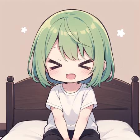 <lora:hotarueye_comic1_type3:1>, 1girl, (chibi:1.4), smile, open mouth, upper body, , green hair, sitting on bed