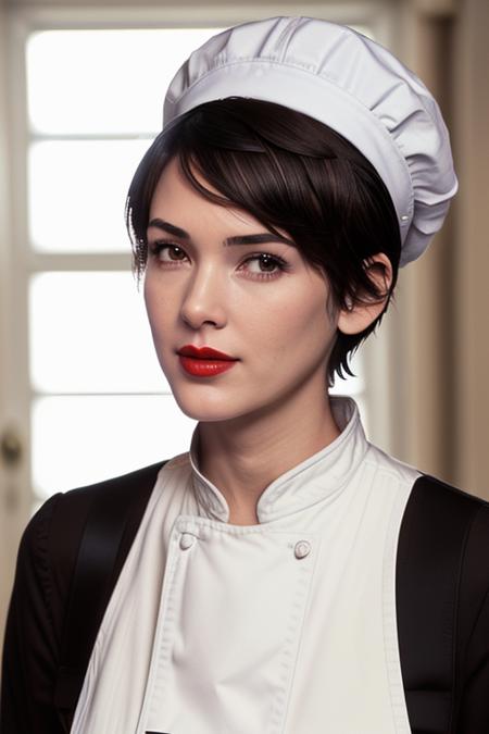 photo of winona:0.99,a woman, ((beautiful dark brown hair, short hair, pixie cut):1.2), ((chef hat, chef jacket)), ((closeup, portrait))((commercial kitchen)),((red lipstick, eyeliner, eye shadow, blush)), ((best quality, masterpiece, extreme details, high resolution):1.2),((detailed eyes, beautiful eyes, detailed face, beautiful face):1.2)