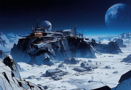 Aerial view, looking down upon a massive lunar crater. A scientific research station, almost a futuristic city, stands on the edge of this vast lunar basin. Large boulders and small rocky spurs are scattered throughout the terrain. The city is perched atop a towering rocky outcrop, overlooking the immense crater, which resembles a barren valley.
The station's architecture is sleek and harmonious, made of glass and steel. A grand building with a colossal astronomical observatory dome dominates the other structures. Multiple platforms host residential and research facilities, with scattered lights, intricate staircases, and antennas spread throughout. The city is surrounded by a vast expanse of frozen rock.
At the base of the outcrop, a dozen smaller research domes, pipelines, conduits, and massive extraction machines fill the foreground, where activity is bustling across the plain. In the middle of the frozen crater, a spaceport stands. The sky is intensely illuminated as the sun sets, casting a bluish glow over the icy city. The air is frigid, with ice crystals drifting in the wind, lifting snow and dust just above the ground. In the distance, Earth is visible, setting on the horizon.