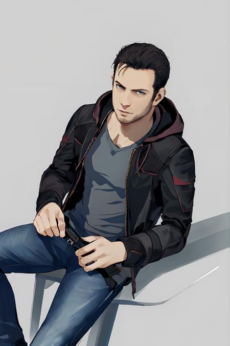 (RAW photo), concept art, <lora:gavreedtest:0.6>, gavinreed, male focus, gray background, jacket, jeans