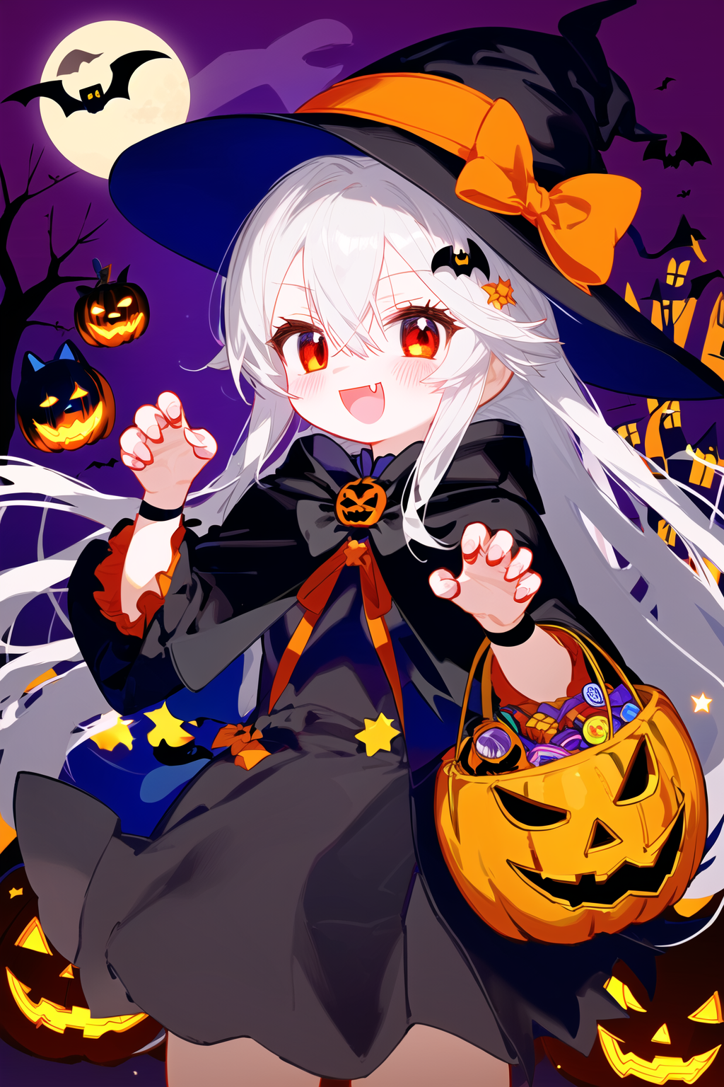 jack-o'-lantern, witch hat, halloween, pumpkin, hat, ghost, halloween bucket, rating:safe, bat, 1girl, halloween costume, ...