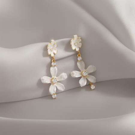 huan, flower earrings, white background, diamond earrings, gold trim, flower,
,
 <lora:ershiv2:1>