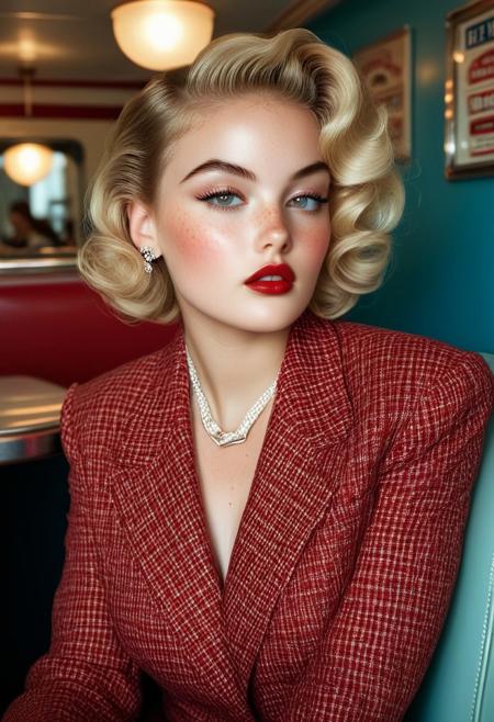 This high-definition CGI rendering presents a stunningly detailed depiction of a young woman in a vintage diner setting. The subject is a light-skinned woman with an ethereal complexion and voluminous, styled blonde hair cascading in soft waves. Her makeup is dramatic, featuring bold red lips, heavy eyeliner, and a subtle blush that accentuates her high cheekbones. She wears a provocative, open, plaid blazer in shades of red, white, and blue.rockabilly style, 1girl, mole on breast, breasts, mole, jewelry, nipples, necklace, freckles, solo, looking at viewer, 1950's