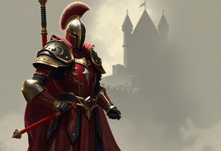 4K high-res digital illustration, powerful Noble Knight's Spearholder in grand red and gold armor with black/silver accents, plumed helmet. Ready stance, hand on hip, gripping red/gold/black sword.Castle of Dragon Souls background, dynamic shadow. Captivating lighting, golden ratio composition. Matte painting, splash ink illustration style. Trending on Artstation, CGSociety. Octane Render, Unreal Engine 5. Super detailed armor and sword.
