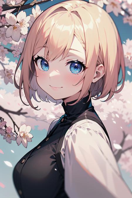 masterpiece, best quality, short hair, [pink hair | blonde hair], blue eyes, [smile | :3], [close-up | wide shot], [white dress | black dress], cherry blossoms,