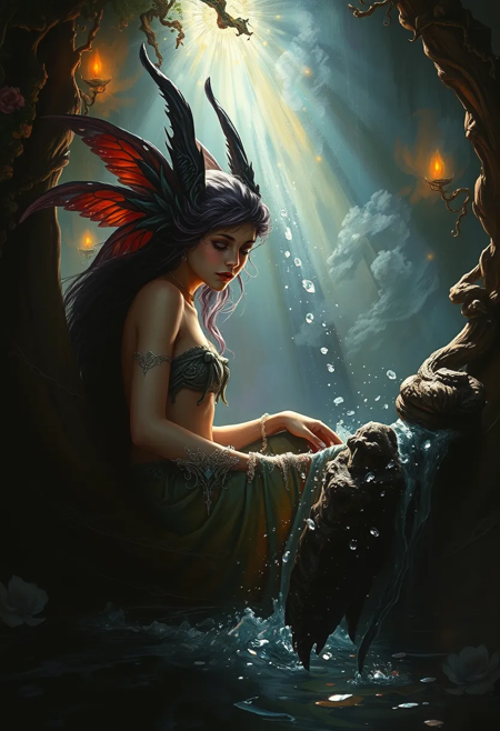 An evocative scene full of magical splendor. An intricately detailed dark setting with a splash of color. In the background, a fantasy goddess creature can be seen bathing as diffuse shaft of light illuminates her youthful beauty. Rendered as an oil painting by Peter Paul Rubens and Claude Monet. Gorgeous, epic, colorful, luministic, hyperrealistic, hypermaximalist, ultra-detailed fantasy art, with high chroma and beautiful lighting and shading. 