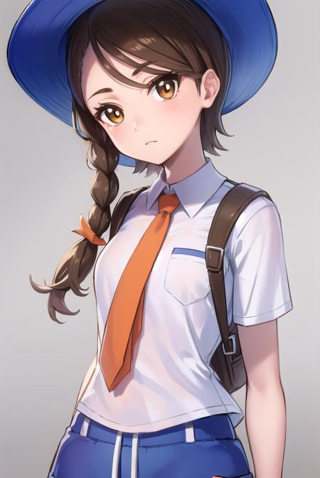 pokemonjuliana, <lyco:pokemonjuliana-lyco-nochekaiser:1>,
pokemonjuliana, braid, (brown eyes:1.5), brown hair, hair ornament, hairclip, side braid, single braid, swept bangs,
BREAK backpack, bag, black footwear, blue headwear, blue shirt, breast pocket, collared shirt, hat, kneehighs, naranja academy school uniform, necktie, orange necktie, orange shorts, pocket, school uniform, shirt, shoes, short sleeves, shorts, socks, striped, striped shorts, sun hat, white socks
BREAK looking at viewer, full body, (cowboy shot:1.5),
BREAK outdoors,,
BREAK <lyco:GoodHands-beta2:1>, (masterpiece:1.2), best quality, high resolution, unity 8k wallpaper, (illustration:0.8), (beautiful detailed eyes:1.6), extremely detailed face, perfect lighting, extremely detailed CG, (perfect hands, perfect anatomy),