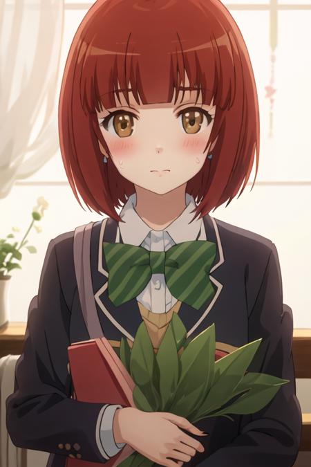 best quality, masterpiece, highres, solo, {shinoda_akane_nonnonbiyori:1.15}, short_hair, brown_hair, brown_eyes, bangs, blush, anime_coloring, red_hair