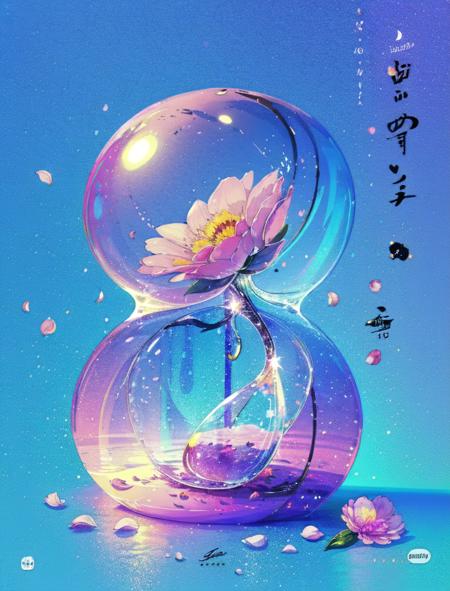 shalou, hourglass,  crescent moon, drink, drinking straw, flower, food, fruit, glass, gradient, gradient background, leaf, liquid, moon, no humans, orange \(fruit\), petals, pink flower, simple background, sky, white flower, signature, water, english text, blue background, vase, still life<lora:shalou:1>