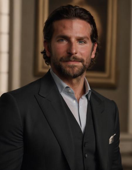 photo of bradley cooper standing at a museum, cinematic lighting, hero pose