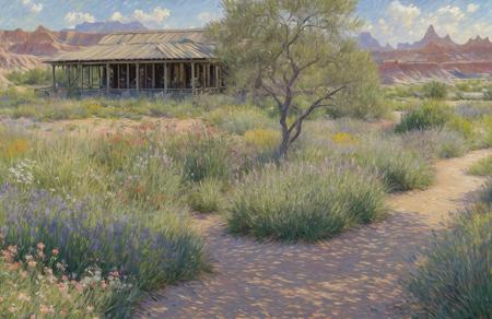 (impressionism:1.05), scenery,scene painting,a painting, parcel ,arboretum ,thicket ,ranch ,hacienda , Badlands ,