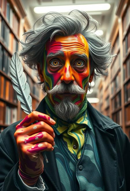 Nietzsche living vibrant eyes full body made of cohesive liquid colorful paints wearing professor clothing holding a quill/missile, massive library with white fluorescent lighting,