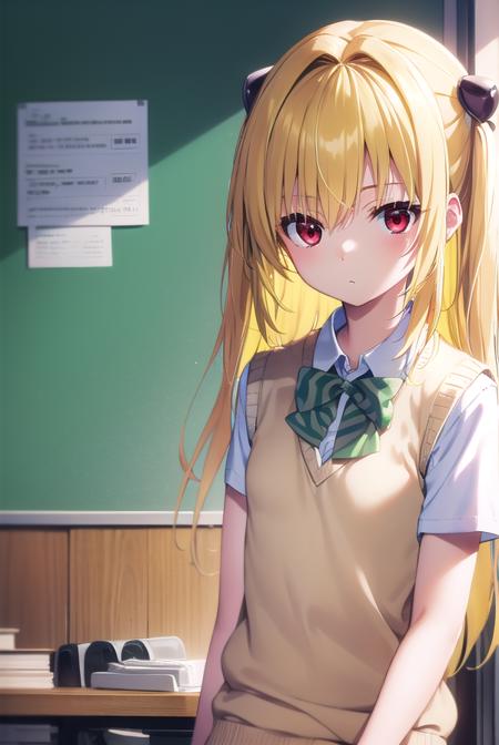 toloveruyami, <lyco:toloveruyami-lyco-nochekaiser:1>, 
yami, (yellow hair:1.5), long hair, (red eyes:1.5), (hair ornament:1.2), two side up, (small chest:1.2), 
BREAK school uniform, shirt, white shirt, bow, (green bow:1.5), skirt, (green skirt:1.2), pleated skirt, short skirt, sweater, (light brown sweater vest:1.5), short sleeves,
BREAK indoors, classroom,
BREAK looking at viewer, (cowboy shot:1.5),
BREAK <lyco:GoodHands-beta2:1>, (masterpiece:1.2), best quality, high resolution, unity 8k wallpaper, (illustration:0.8), (beautiful detailed eyes:1.6), extremely detailed face, perfect lighting, extremely detailed CG, (perfect hands, perfect anatomy),