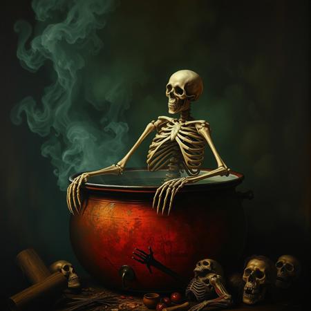 1800's macabre baroque matte oil painting of a skeleton corpse sitting in a boiling cauldron getting cooked, in the art style of John Martin, Bosch, Goya, macabre, eerie vibe, green hue, occult, esoteric, satanic, unnerving, traumatic, claustrophobic, black magic, chiaroscuro, carvaggio, cannibalism, biblical art