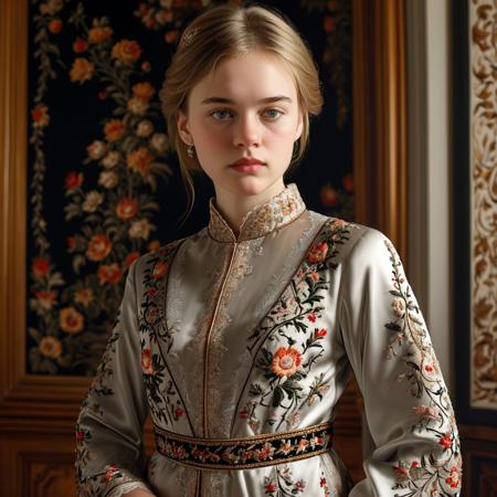 (1girl) stunning realistic detailed provocative candid full-body photo of a stunningly pretty German princess, age 18, she wears elegant embroidered robes, she is tremendously courageous and intelligent, she looks at the viewer seductively,