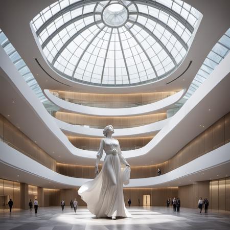 a large statue of a woman in a white dress in a building with a glass ceiling and a skylight ,
award-winning, professional, highly detailed