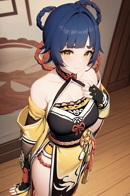 xiangling_\(genshin_impact\), 1girl,  blue_hair, hair_rings,dress, fingerless_gloves, black gloves, chinese_boots, black_boots, pelvic_curtain, yellow_curtain, gloves, short_hair, bell, red_ribbon, chinese clothes, (masterpiece:1.6, best quality), (finely detailed beautiful eyes: 1.2), ultra-detailed, illustration,beautiful detailed eyes, looking at viewer, close up, full body, (breast focus), (arms behind back:1.2), (from above:1.1),   (breasts out:1.3), (off shoulder:1.1), (full_body) ,  shiny skin,   <lora:xiangling_first-000004:1>