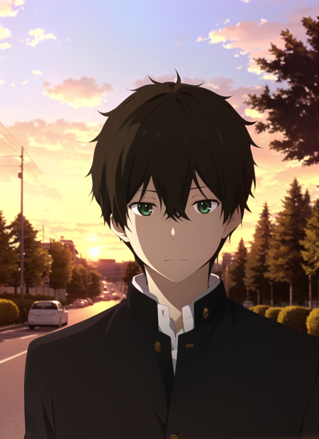 hyouka <lora:hyouka_offset:1>, masterpiece, best quality, 1boy, male focus, gakuran, school uniform, solo, ground vehicle,  green eyes, tree, car, motor vehicle, brown hair, black hair, upper body, outdoors, sunset, blurry, short hair