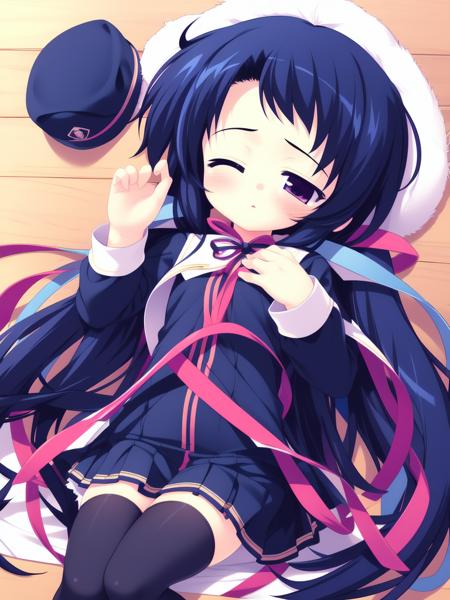 KamikuraNagisa, 1boy, long hair, hat, ponytail, dark_blue_hair, purple eyes, ribbon, very long hair, school uniform, skirt,  mary janes, shoes, blush