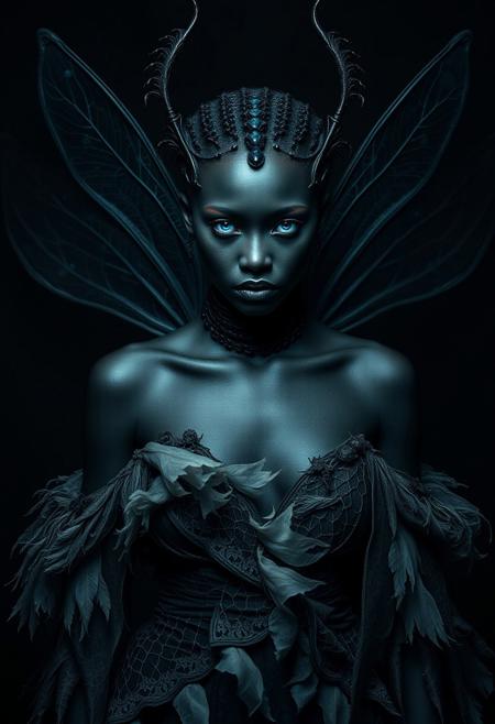 An evocative dark fantasy photography. The central figure is a once-elegant african fairy, her skin is black coal now corrupted by sinister forces. She has buterfly wings like attributes, a pale complexion, glowing blue eyes. Her once-lush attire is now tattered and overgrown with the transparency  that she once represented. The background is dark and foreboding, reflecting the fairy's lost beauty and anger. The overall atmosphere is cinematic and conceptual, immersing the viewer in a world of dark fantasy., cinematic, dark fantasy