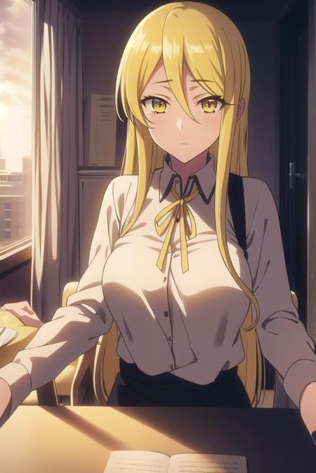 shizukamarikawa, <lyco:shizukamarikawa-LYCORIStest:1>,
shizuka marikawa, long hair, blonde hair, very long hair, low-tied long hair, (yellow eyes:1.5), hair between eyes,
BREAK skirt, shirt, long sleeves, ribbon, white shirt,
BREAK looking at viewer,
BREAK indoors, classroom,
BREAK <lora:GoodHands-vanilla:1>, (masterpiece:1.2), best quality, high resolution, unity 8k wallpaper, (illustration:0.8), (beautiful detailed eyes:1.6), extremely detailed face, perfect lighting, extremely detailed CG, (perfect hands, perfect anatomy),