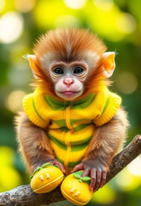 "A precious, adorable baby monkey, its fluffy, soft fur a warm, golden brown, sat perched on a branch, wearing a bright, sunny banana-themed onesie and matching slippers. The onesie, a vibrant, yellow and green striped design, seemed to glow with a warm, happy light, as if infused with the sweetness and joy of a ripe, juicy banana. The slippers, tiny, banana-shaped shoes with delicate, green leaves, added a touch of whimsy and playfulness to the overall design, as if the baby monkey were ready to dance and play in its favorite fruit-filled paradise. The baby monkey's face, a sweet, innocent visage with a tiny, pink nose and a mischievous, twinkling eye, seemed to shine with a warm, happy glow, as if it were the epitome of joy and contentment. The overall effect was one of heartwarming, adorable cuteness, as if the baby monkey were a living, breathing embodiment of the sweetness and delight of a ripe, juicy banana."
