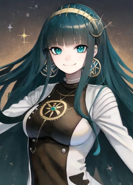 masterpiece, best quality, anime illustration, highly detailed, 2d, (cleomain:1.2), portrait, 1girl, (smile:1.3), long hair, blunt bangs, bangs, green eyes, (eyeliner), very long hair, green hair, hairband, jewelry, earrings, hoop earrings, breasts, medium breasts, white jacket, sparkles, floating stars