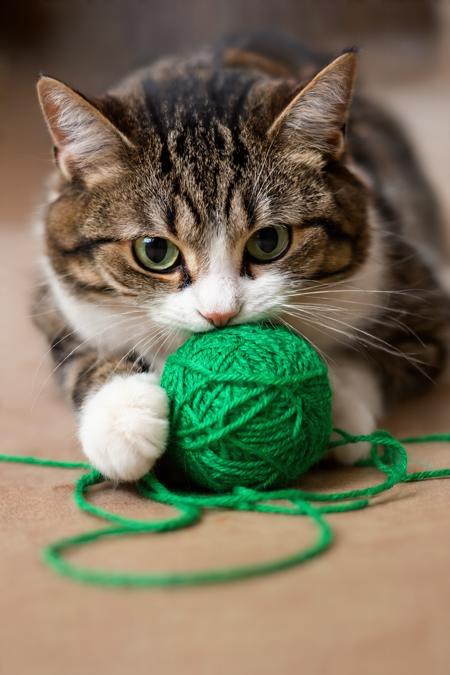 a cat playing with green ball of yarn