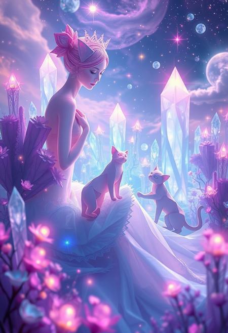 surreal dreamscape, light origami cats, geometric crystal garden, ethereal princess, transcendent beauty, peaceful magic, fragile strength, woman
