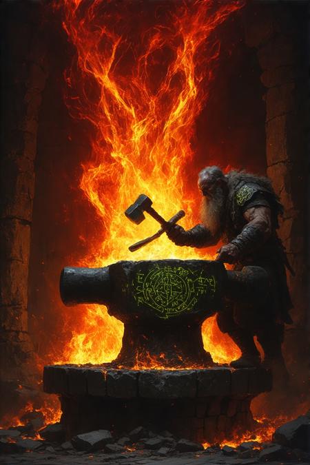 A grizzled dwarven blacksmith, veins ablaze in forge-light, pounds arcane runes into crimson-hot iron on a titanic obsidian anvil. Fisheye perspective from below, framing his sinewy form against swirling auroras bleeding through smoke-choked rafters. Frank Frazetta meets Art Nouveau: chiaroscuro flames lick jade-green patinaed tools, casting fractured shadows across glyph-carved stone. Palette of smoldering vermillion, molten gold, and void-black steel. Each hammer strike ignites cobalt runic sigils that writhe like living serpents, their light refracting through suspended ash. Air thick with ozone and elderwood resin—the forge breathes, an ancient heart binding metal to magic.