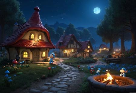 The camera drifts into Smurfs Village under the cloak of night, revealing a whimsical scene bathed in the soft glow of moonlight. The iconic mushroom-shaped houses, each with its own unique color and charm, cast long shadows on the ground, adding an air of mystery and wonder. The cobblestone paths are dimly lit by lanterns hanging from signposts, flickering gently like fireflies. You can almost hear the faint rustle of leaves and the distant chorus of crickets, harmonizing with the soft, tranquil murmur of a nearby brook. As the camera glides closer, you see Smurfette's garden, where vibrant flowers seem to shimmer under the moonlight, their petals swaying gently in the night breeze. The faint aroma of blooming flowers fills the air, mixing with the scent of fresh earth and pine. Papa Smurf's house, with its distinctive red cap roof, stands at the center, an inviting glow emanating from the windows. The camera then pans to the village square, where the communal fire pit, now a bed of glowing embers, tells stories of the evening's merrymaking. In the distance, you spot a few Smurfs wrapping up their late-night tasks, their tiny silhouettes moving gracefully as they prepare for a peaceful slumber. The camera finally ascends, capturing a panoramic view of the serene, enchanting Smurfs Village, cradled in the heart of the enchanted forest, bathed in silver moonlight