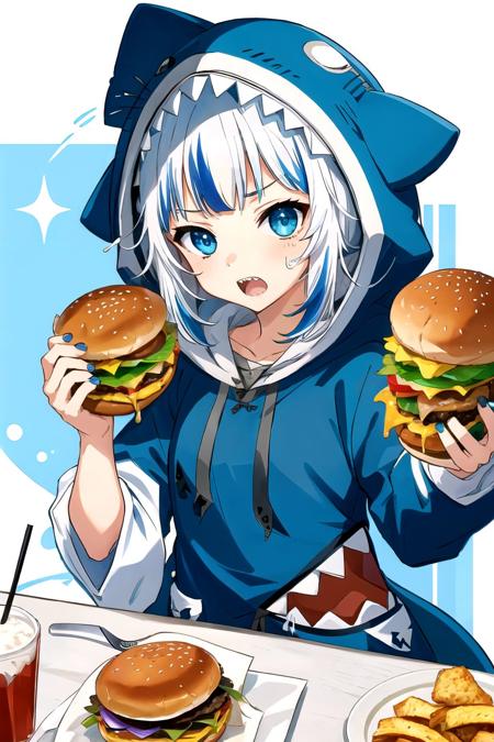 <lora:gawr_gura:1> gawr gura, blue nails, blue eyes, hoodie, 1girl,blue hair, sparkling eyes, blue hoodie, streaked hair, burger, shark hood, animal hood, holding food, open mouth, food, holding, solo, hood, grey hair, teeth, +_+, sweatdrop, sharp teeth