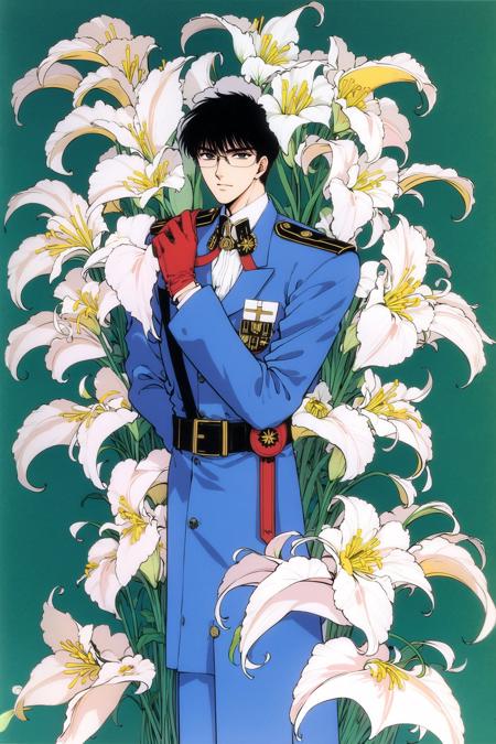 Seishiro Sakurazuka,solo, 1boy, male focus, flower, gloves, black hair, uniform, white flower, white gloves, holding, glasses, belt, holding flower, standing, long sleeves, pillarboxed, blue background, military, armband, military uniform, bangs, looking at viewer, lily (flower), coat, short hair, black background, blue coat, feet out of frame, <lora:Tokyo Babylon:0.8>,