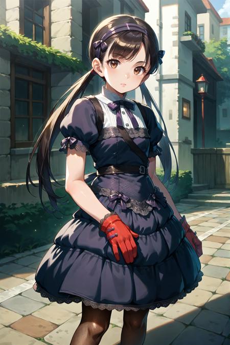 1girl, solo, long hair, black hair, brown eye, gloves, twintails, hairband, dress, fishnets, pantyhose