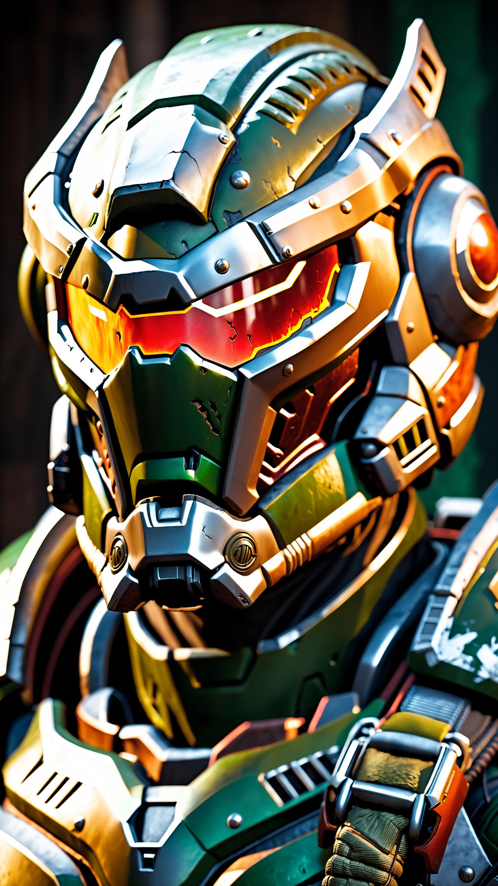 A 3D animated image of a robot wearing a green and silver helmet with a visor.